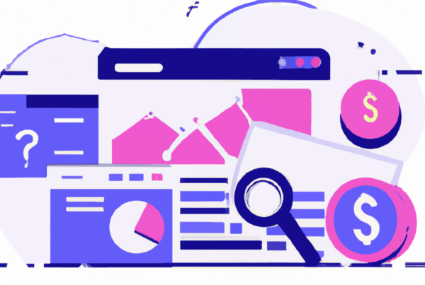 Abstract illustration featuring a data dashboard with graphs, charts, and blockchain elements, showcasing the integration of APIs and blockchain technology in financial services