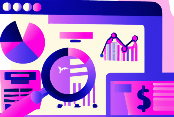 Abstract illustration of a laptop with a data dashboard displaying graphs and charts related to content marketing metrics