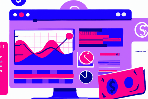 Abstract illustration featuring a data dashboard with graphs, charts, and financial symbols, illustrating how Google Analytics improves Pay-Per-Click campaign performance