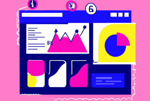 Abstract illustration of a data dashboard with graphs, charts, and financial symbols, representing how Google Analytics can maximize website revenue