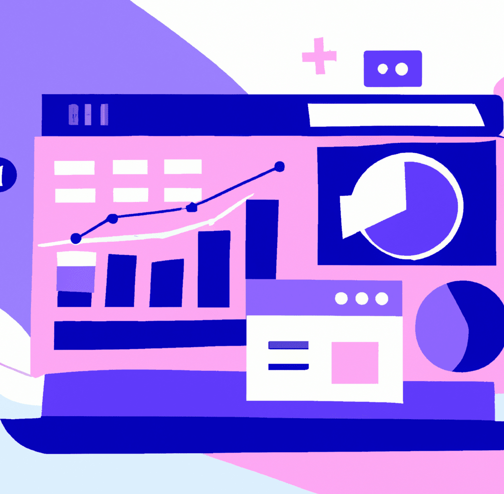Abstract illustration of a data dashboard with graphs, charts, and money, symbolizing the connection between Google Analytics and SEO