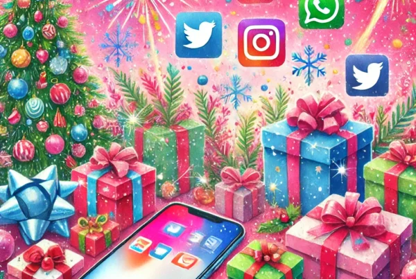 Watercolor illustration of a phone with a social media platform screen, placed under a Christmas tree with gifts and surrounded by social media icons, representing holiday marketing strategies