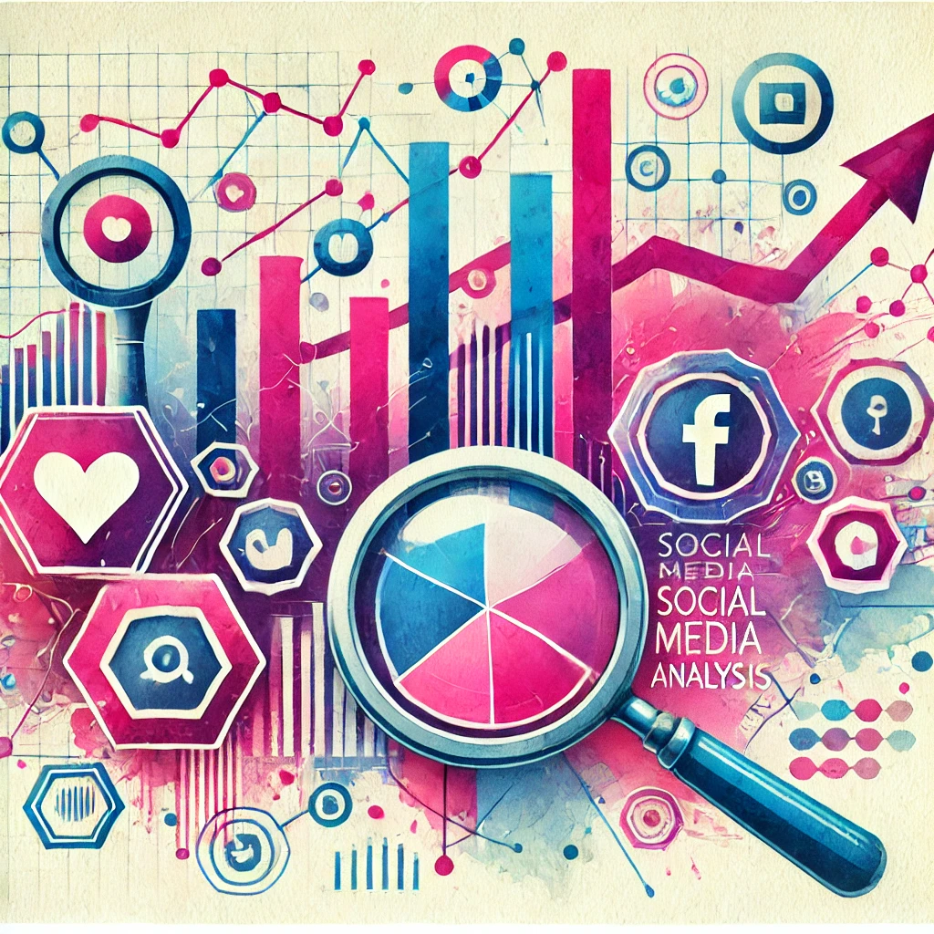 Watercolor illustration of a magnifying glass examining bar graphs and social media icons, representing how to analyze social media metrics effectively