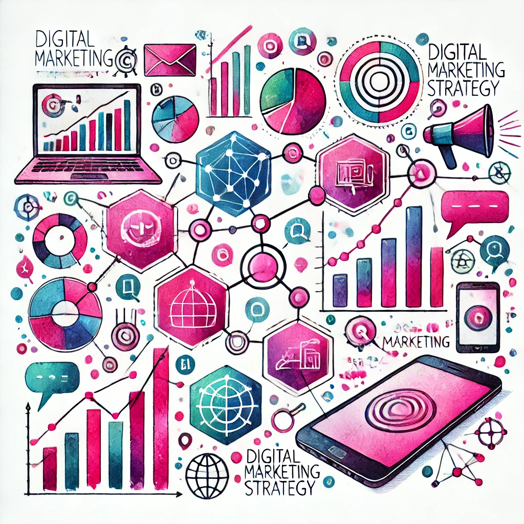 Watercolor illustration of a laptop, phone, and digital marketing icons, representing how to create an effective digital marketing strategy for 2026.
