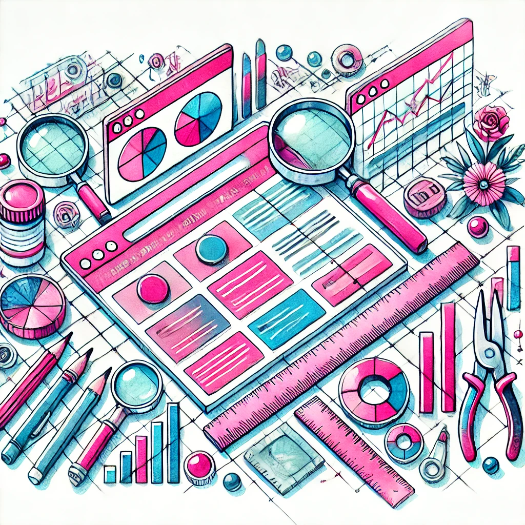 Watercolor illustration of a website page surrounded by measuring tools like rulers, pencils, and a magnifying glass, symbolizing website redesign success measurement
