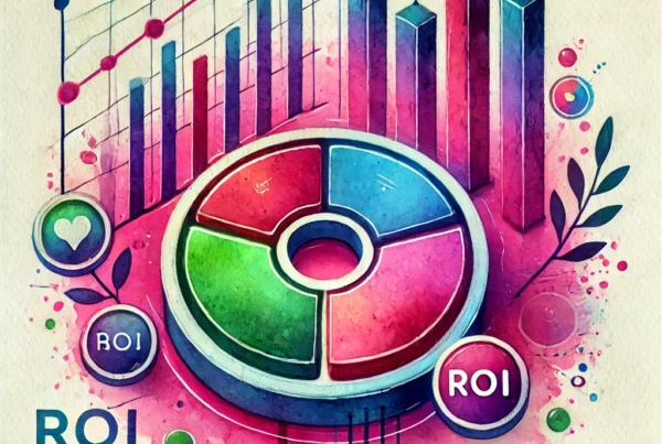 Watercolor illustration of a large pie chart surrounded by hearts and bar graphs, representing effective planning of a social media budget for ROI.