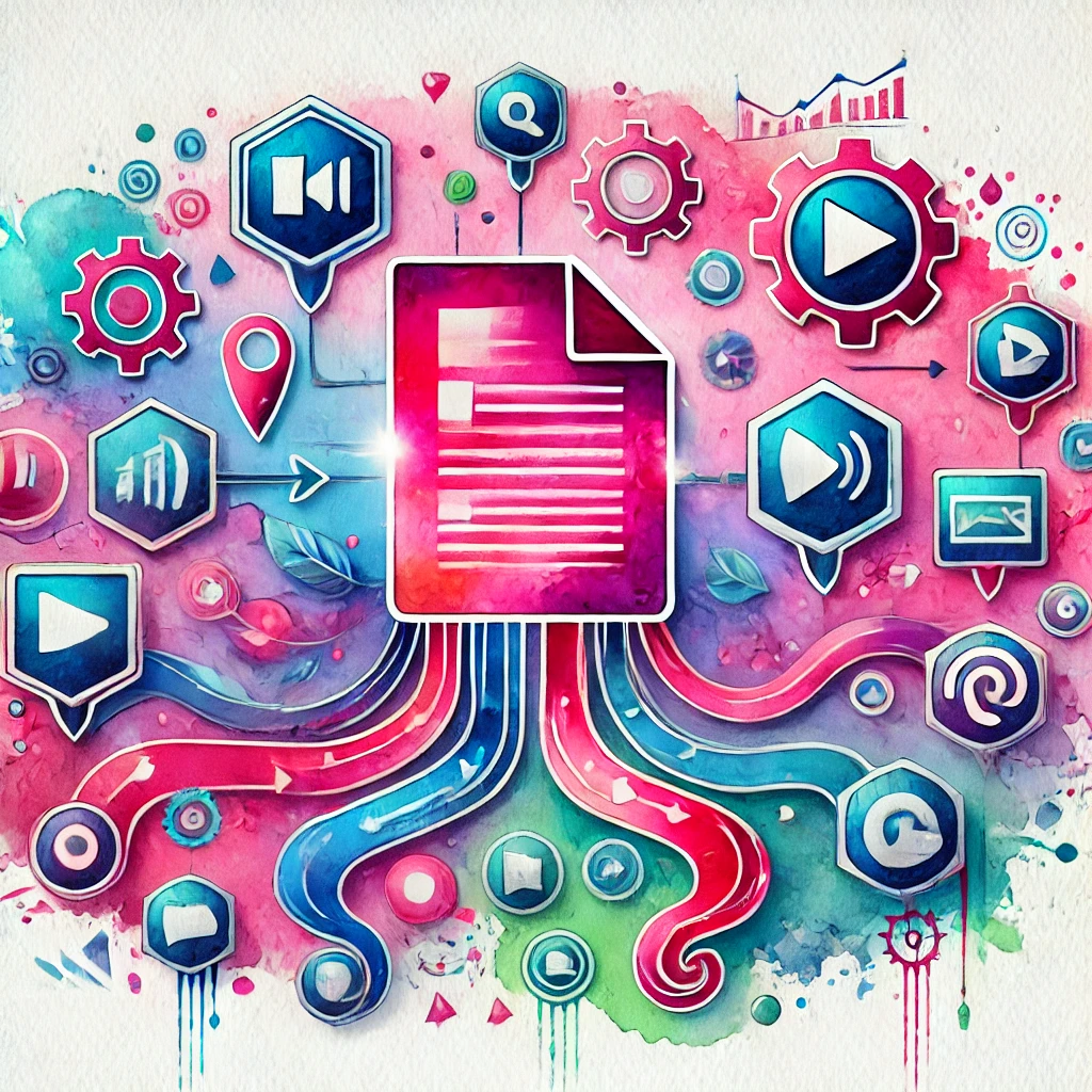 Watercolor illustration of a piece of paper with arrows pointing to video, image, and social media icons, symbolizing how to repurpose content for social media.