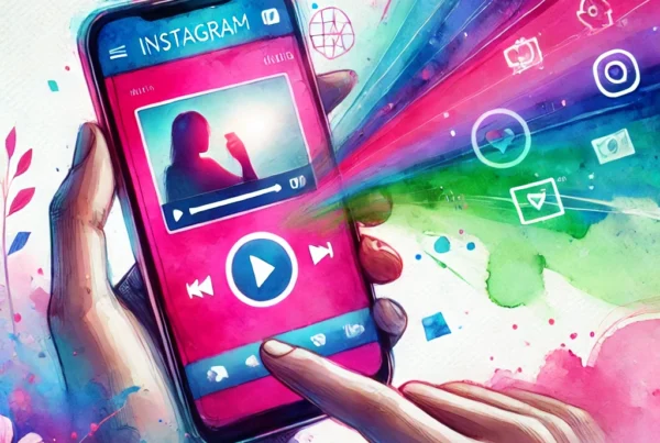 Watercolor illustration of a person holding a mobile phone, watching an Instagram Reels video, representing how businesses can use Reels for marketing.