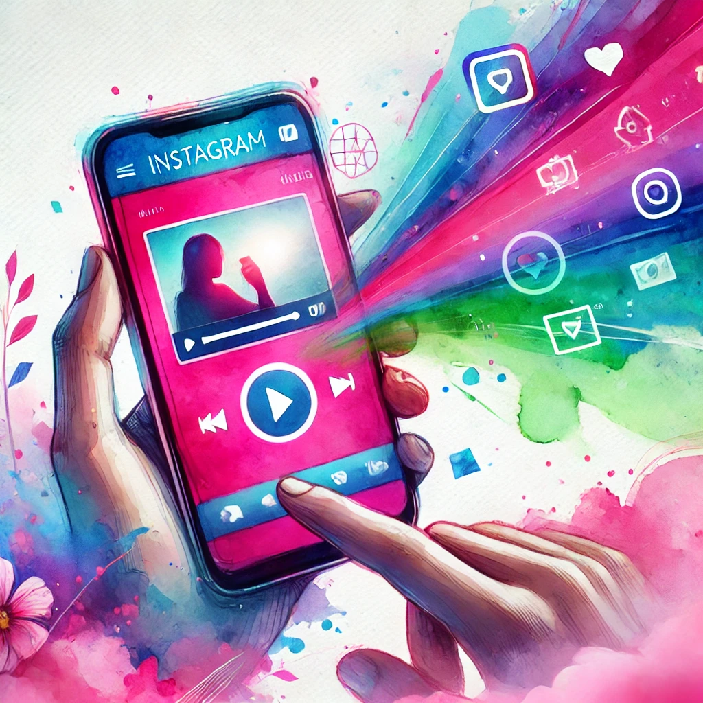 Watercolor illustration of a person holding a mobile phone, watching an Instagram Reels video, representing how businesses can use Reels for marketing.
