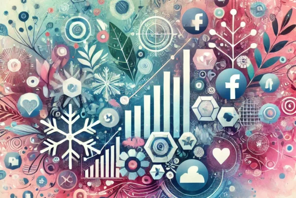 Watercolor illustration featuring social media logos and icons surrounded by snowflakes and autumn leaves, symbolizing seasonal campaigns