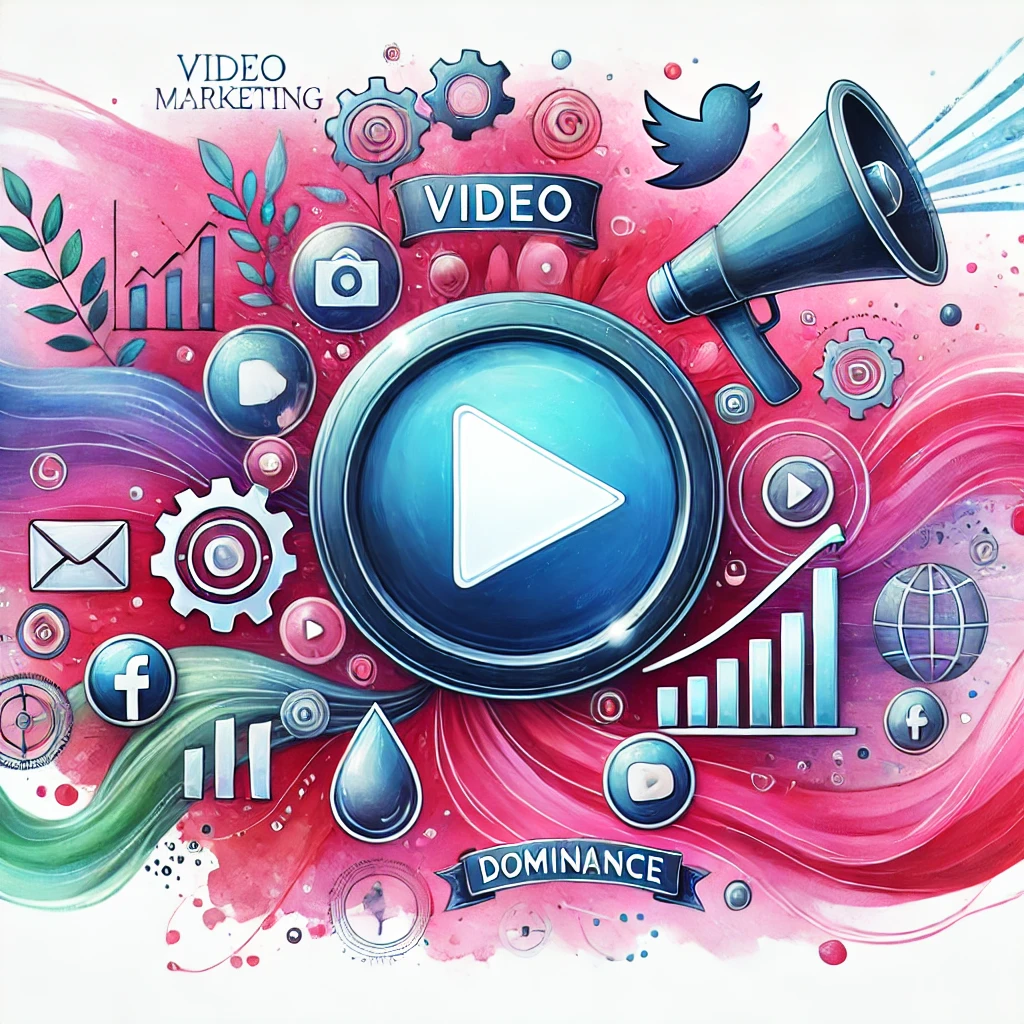 Watercolor illustration with a large play button at the center, a blowhorn beside it, surrounded by video icons, camera symbols, and graphs, representing video marketing strategies