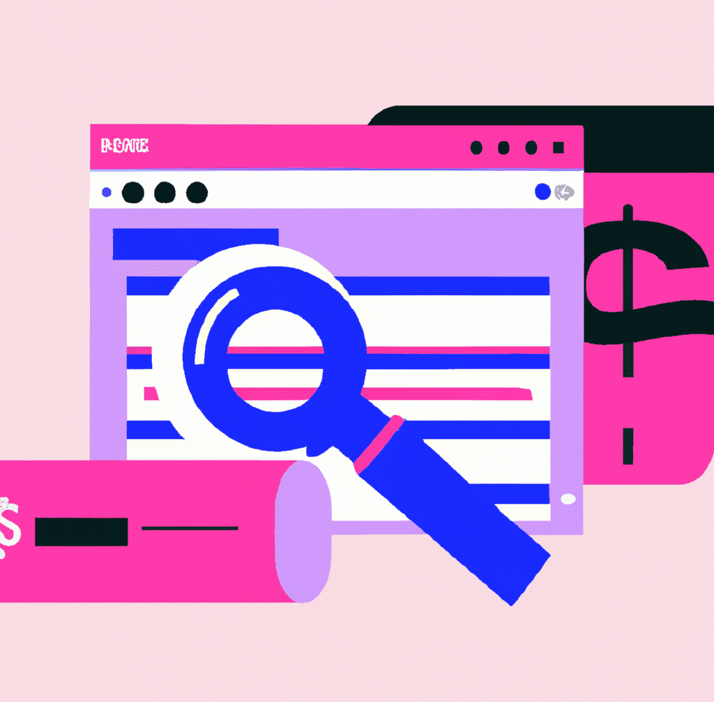 Abstract illustration showing a data dashboard and magnifying glass focusing on money, representing the process of predicting ROI from SEO investments