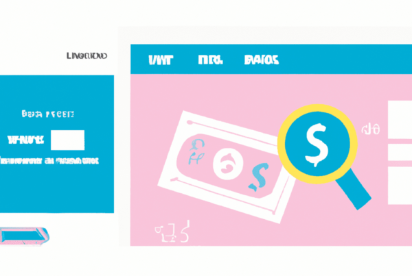 Abstract illustration of a laptop with a data dashboard and a magnifying glass focusing on a dollar sign, symbolizing the impact of reviews on off-page SEO