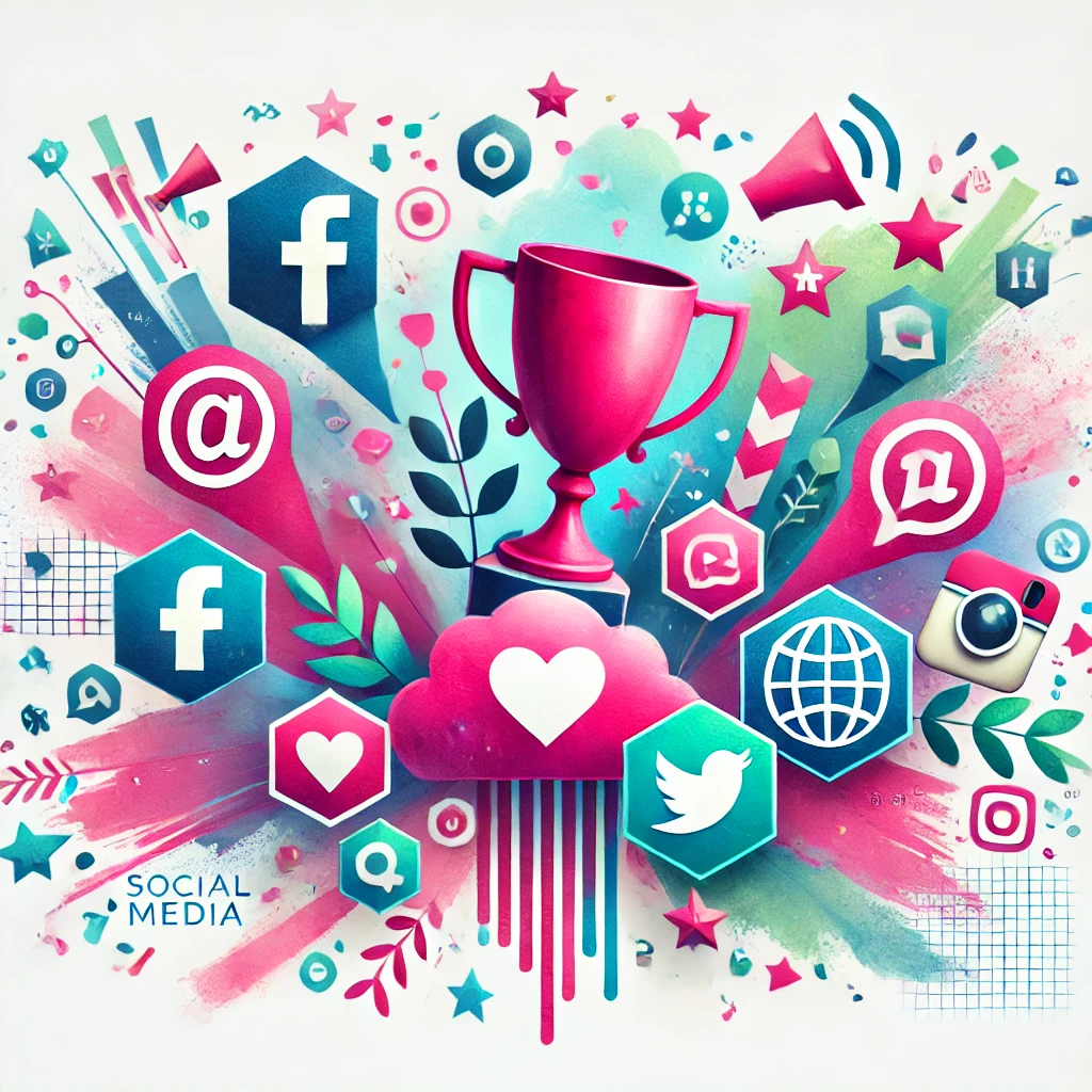 Watercolor illustration of a trophy surrounded by social media icons and logos, symbolizing successful social media contests for boosting engagement.