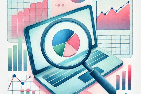 Watercolor illustration of a laptop displaying a pie chart, surrounded by charts and graphs, symbolizing Google Analytics tools for website insights