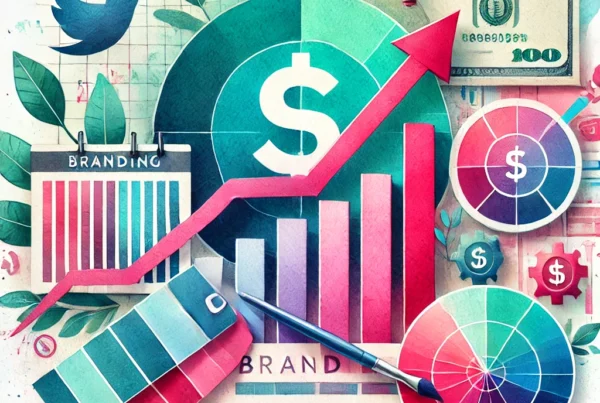 Watercolor illustration featuring color palettes, graphs, and money symbols, highlighting the ROI of branding and the value of strategic design.