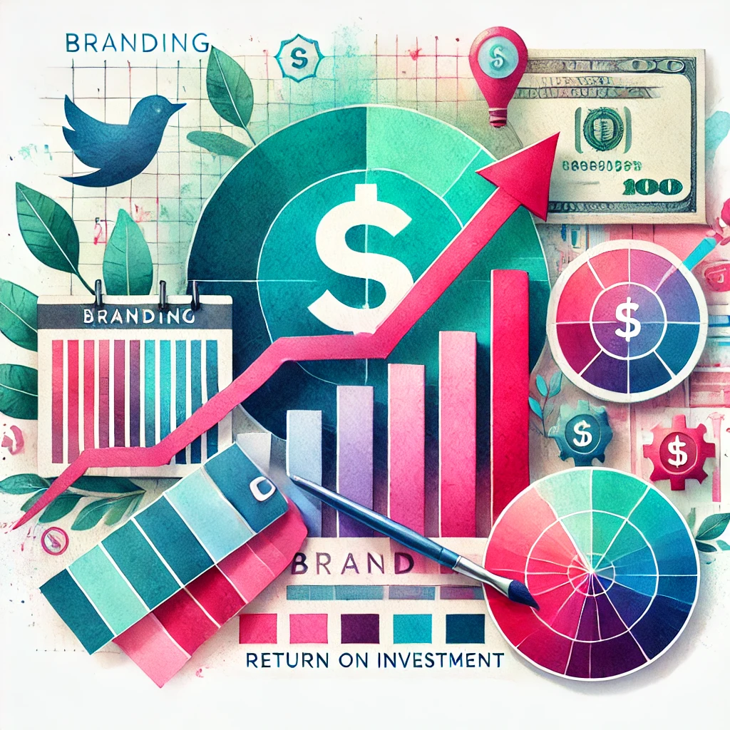 Watercolor illustration featuring color palettes, graphs, and money symbols, highlighting the ROI of branding and the value of strategic design.