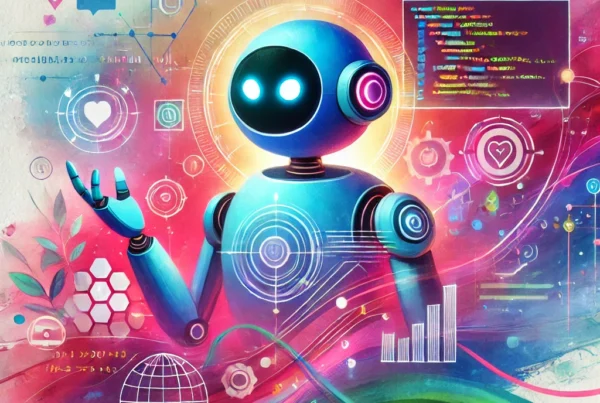Watercolor illustration of a robot surrounded by graphs and lines of code, symbolizing chatbots in modern web development.