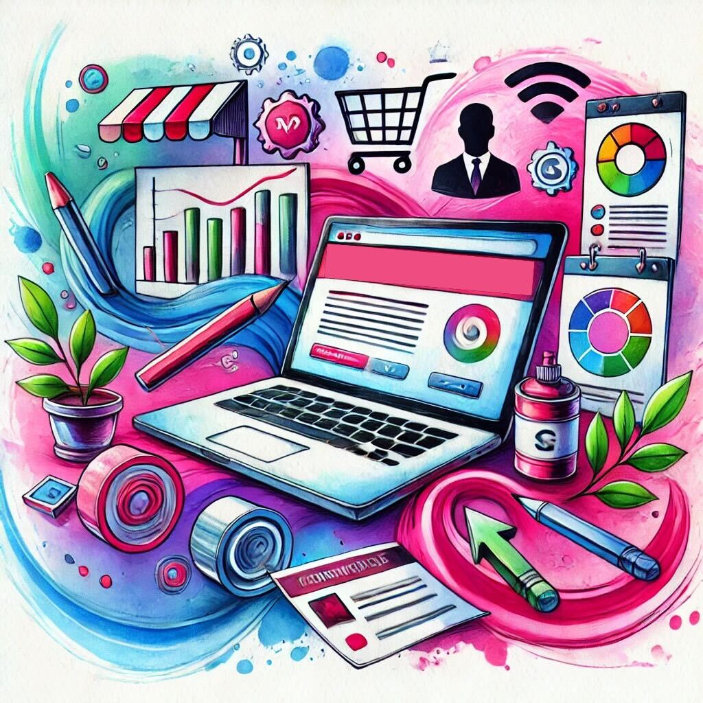 Watercolor illustration of a laptop displaying a website, surrounded by charts, graphs, and icons, symbolizing website content that converts