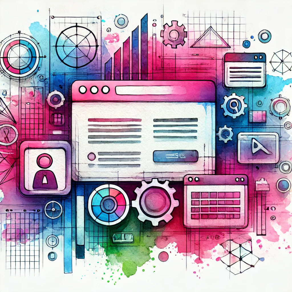 Watercolor illustration featuring website pages and icons, representing the need for a website redesign