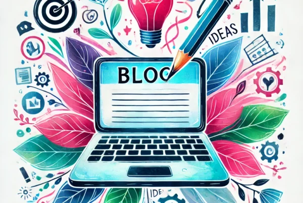 Watercolor illustration of a laptop with a notepad and pen writing on the screen, surrounded by art and writing icons, symbolizing the importance of blog content in 2025
