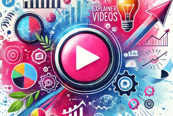Watercolor illustration of a large play button surrounded by light bulbs, bar graphs, and pie charts, representing explainer videos in marketing