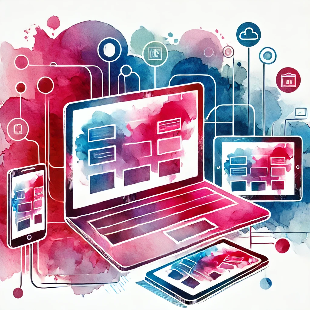 Watercolor illustration of a laptop, tablet, and phone displaying a website, with icons hovering around, representing responsive web design