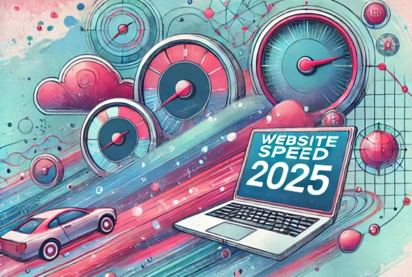 Watercolor illustration of a laptop displaying 'website speed 2025,' with a fast car passing by, surrounded by speedometers, representing the importance of website speed