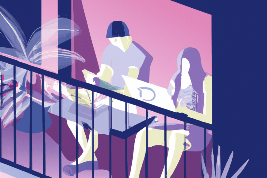 Couple on a hotel balcony using a laptop, representing A/B testing strategies for improving hotel and attraction marketing