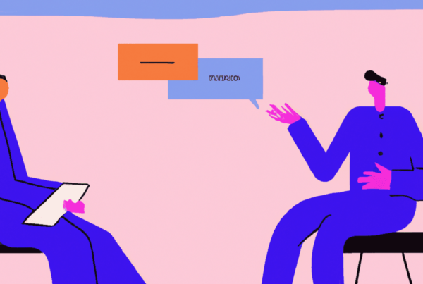 Abstract illustration of two people in a job interview, symbolizing the impact of artificial intelligence on human resources and recruitment.