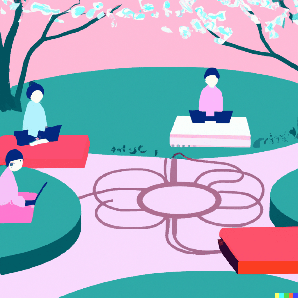 Abstract illustration of people sitting in a park using laptops connected by strings, symbolizing interconnected systems through API integrations.
