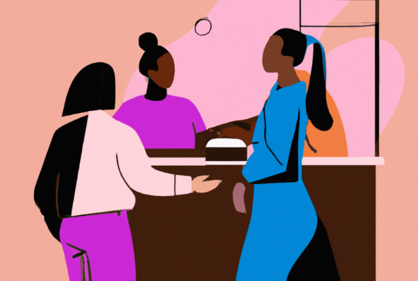 Abstract illustration showing hotel guests interacting with representatives at a help desk, enhanced with augmented reality technology.