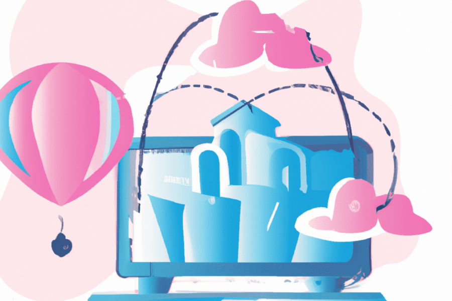 Abstract illustration of a hotel and air balloon emerging from a laptop screen, representing the creation of a compelling online presence for tourist attractions.