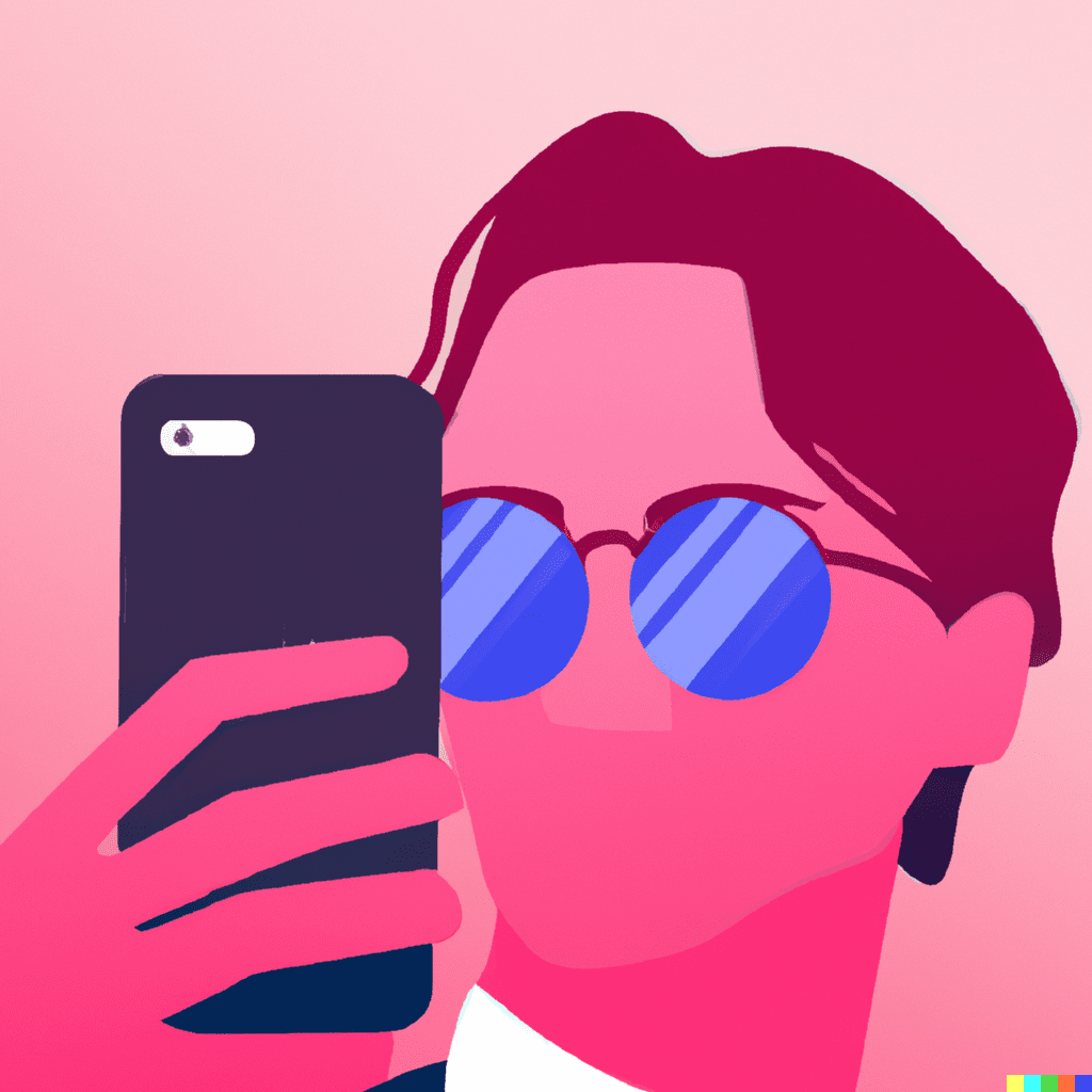 Abstract illustration of a person wearing shades and looking at their mobile phone, symbolizing the use of augmented reality filters for customer interaction