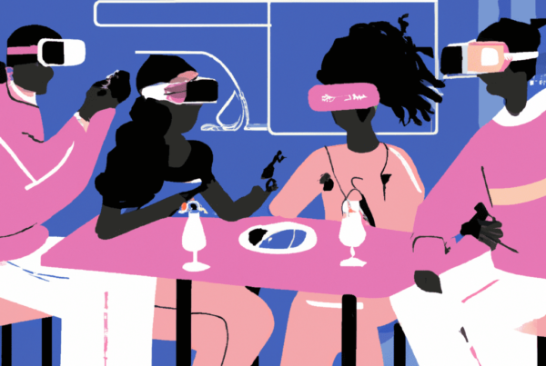 Abstract illustration showing a group of people wearing AR glasses, dining at a restaurant table, showcasing how augmented reality can increase orders and foot traffic.