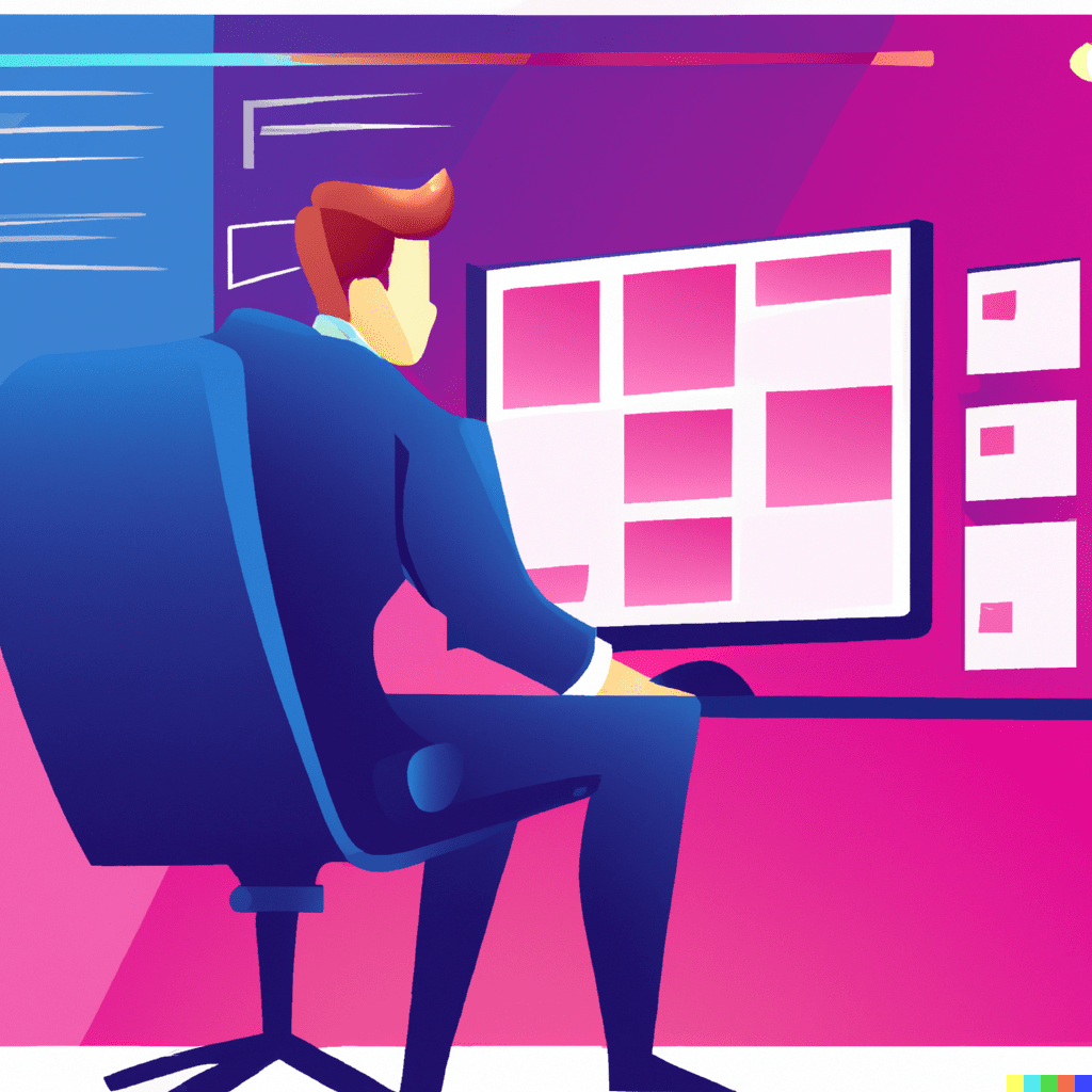 Abstract illustration of a businessman seated, looking at a large screen filled with data, representing AI technology's value to small businesses