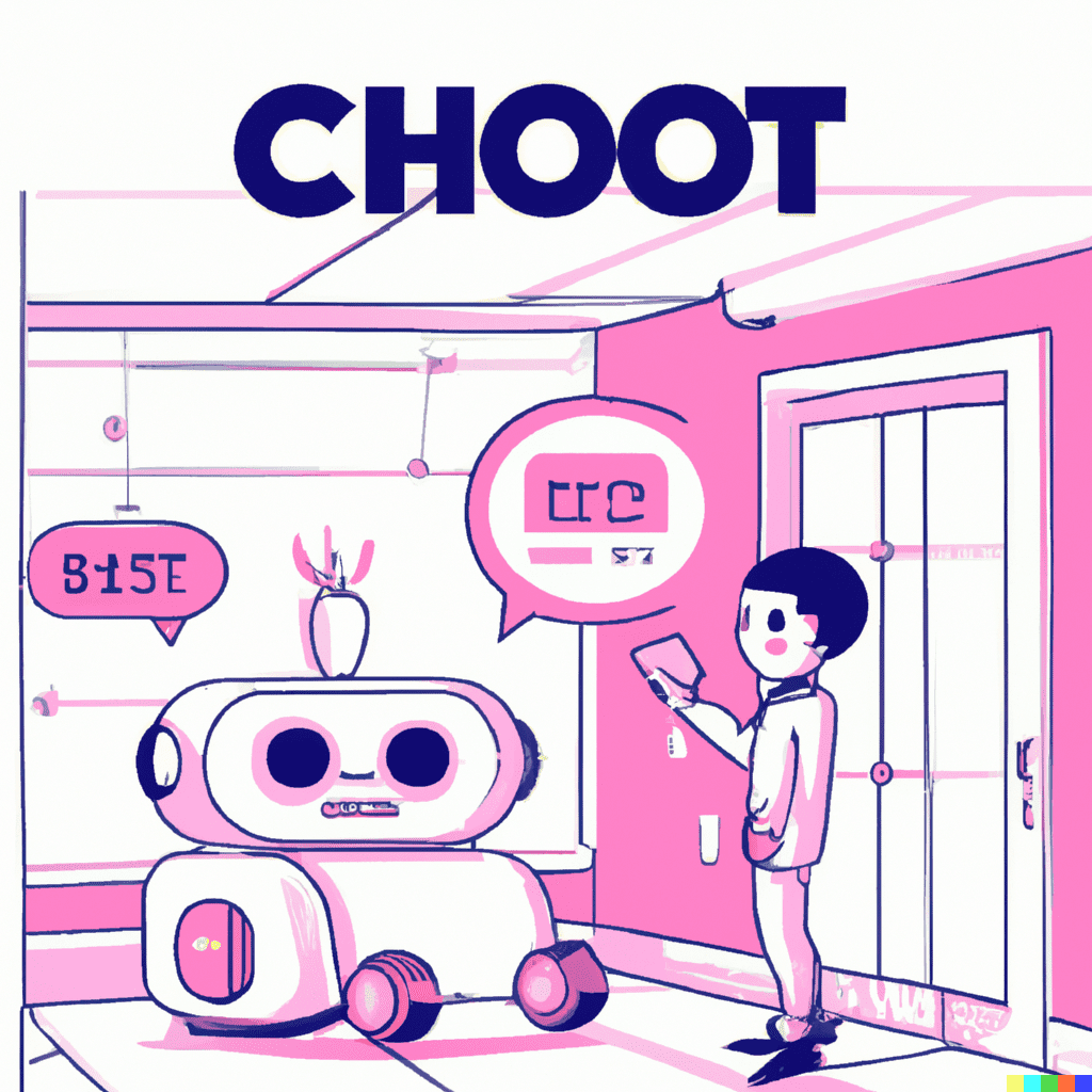 Abstract illustration of a person checking into a hotel and speaking to a robot, symbolizing how chatbots enhance guest interactions and attract resort visitors