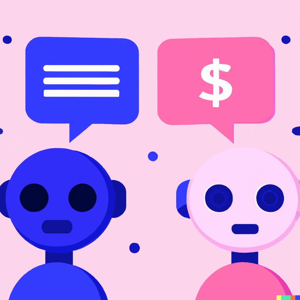 Abstract illustration of two robots with dollar signs in chat bubbles, representing chatbot use in business