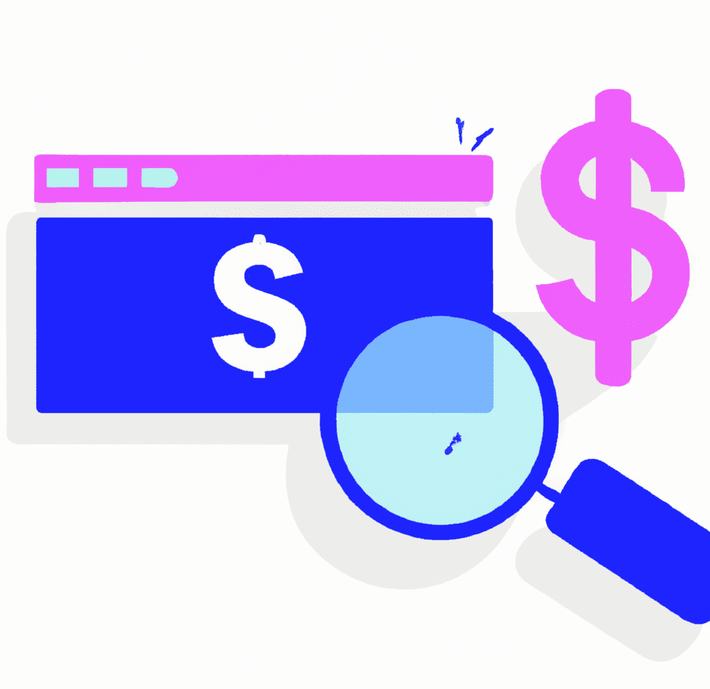 Abstract illustration with a data dashboard and magnifying glass focused on money, representing content marketing's role in SEO and ROI generation.