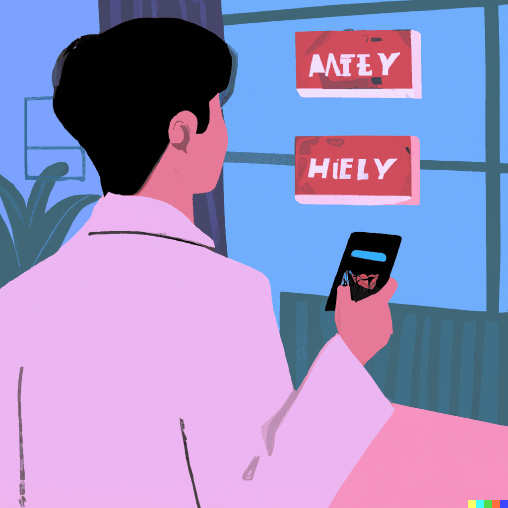 Abstract illustration showing a person entering a hotel with a phone in hand, highlighting the use of Facebook Messenger bots for customer service.