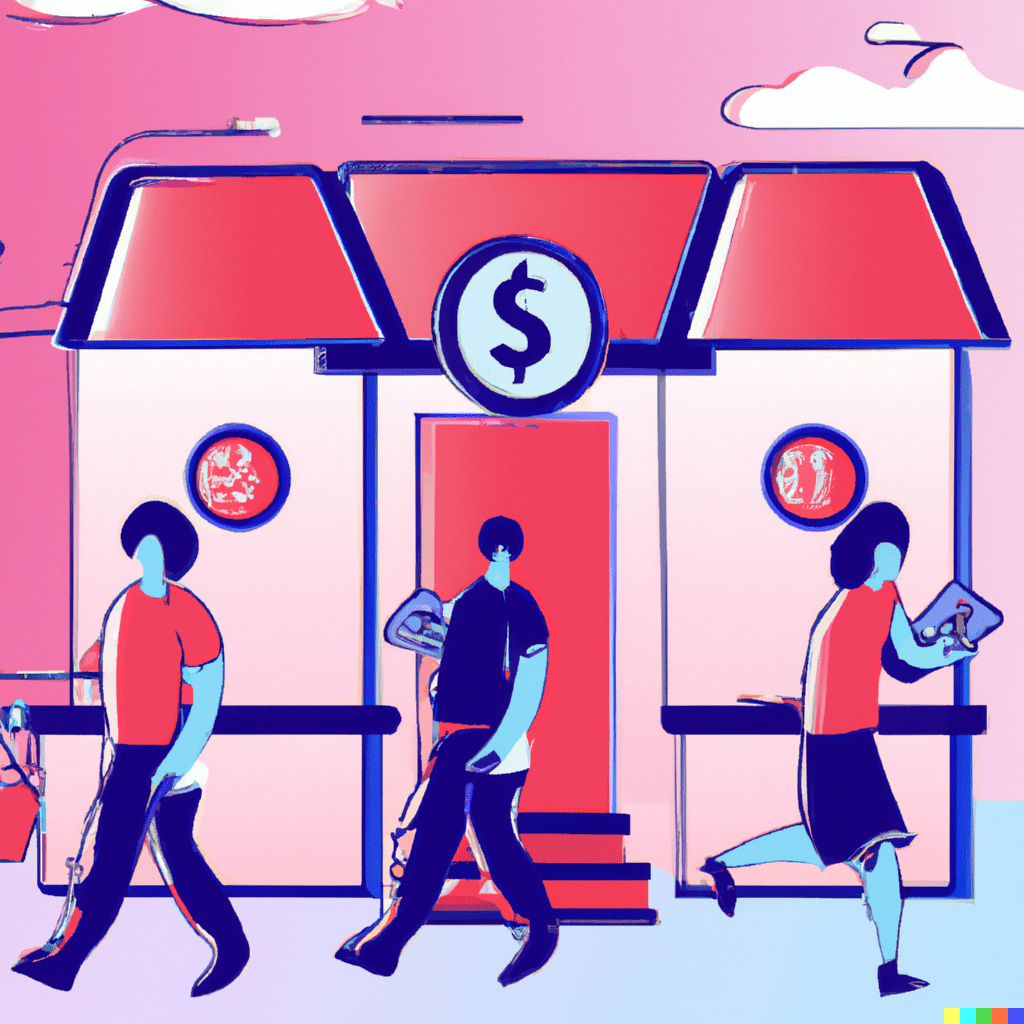 Abstract illustration showing people walking in front of a hotel, symbolizing the customer journey.