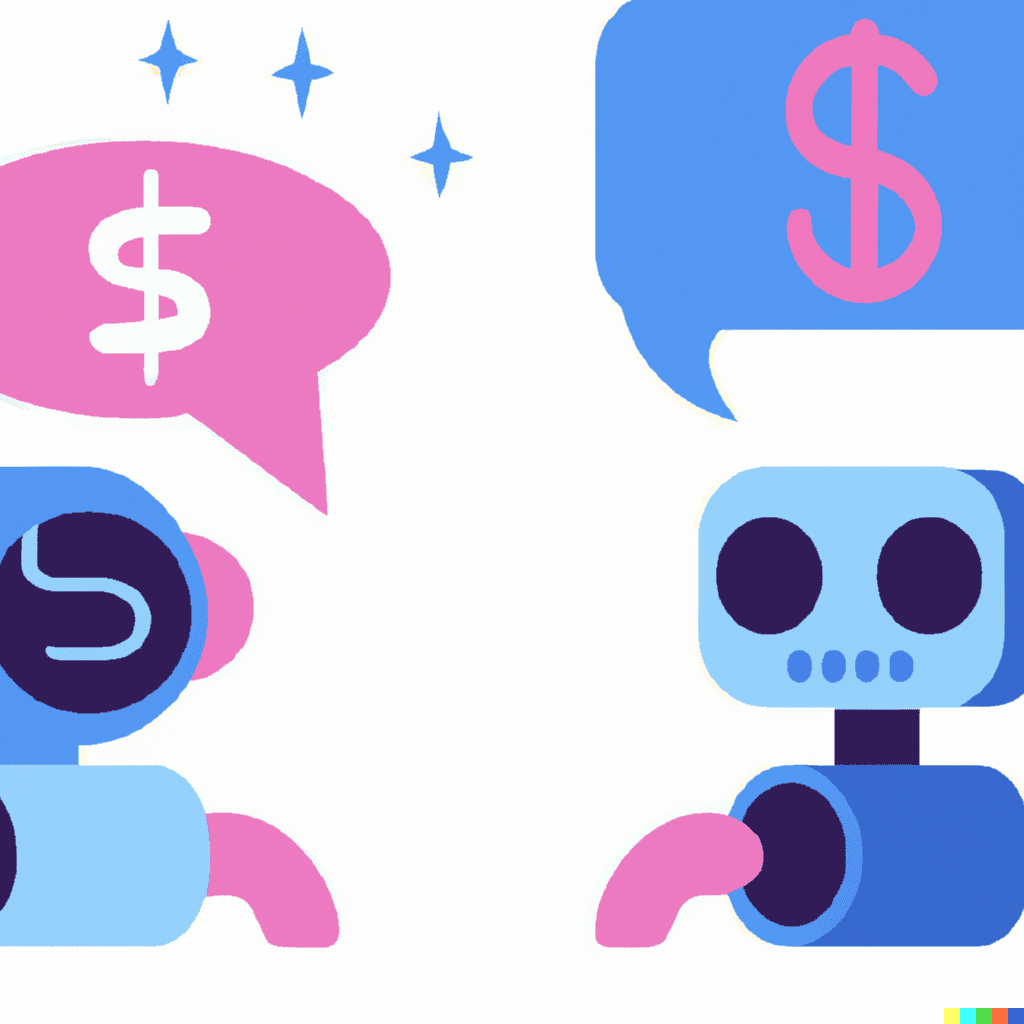 Abstract illustration showing 2 robots with chat bubbles containing dollar signs above their heads, symbolizing digital marketing budget strategies