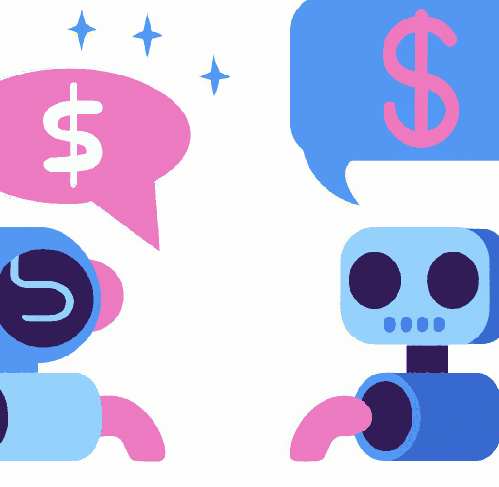 Abstract illustration showing 2 robots with chat bubbles containing dollar signs above their heads, symbolizing digital marketing budget strategies