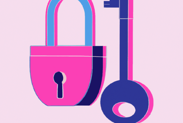 Abstract illustration featuring a key and a padlock, symbolizing the ethical dilemmas of privacy, security, and personal freedom in the digital age.