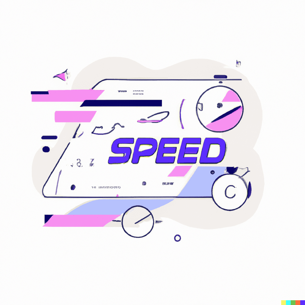 Abstract illustration showing the word 'speed' surrounded by speedometers, symbolizing fast website loading times.