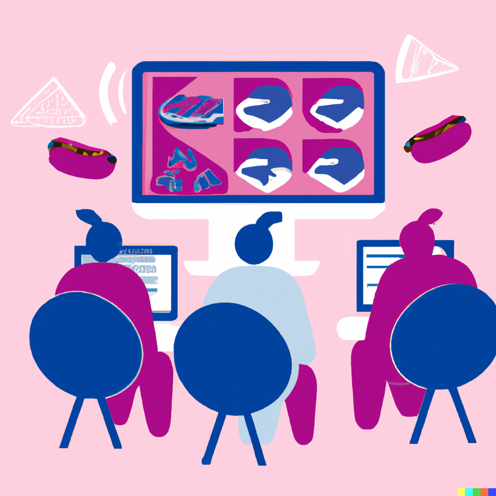 Abstract illustration showing three people at a restaurant using a screen to view a menu, symbolizing the use of food delivery apps.