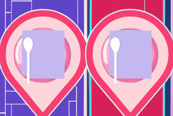Abstract illustration showing two phones with location pins and napkin/spoon icons, representing the benefits of geofencing for restaurants.
