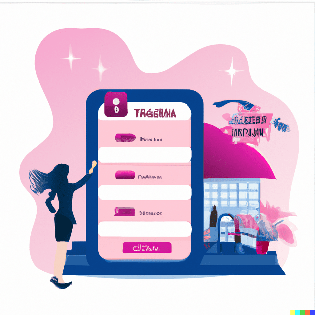 Abstract illustration of a person using a large iPad in front of a hotel building to check in, symbolizing an improved hotel online booking system.