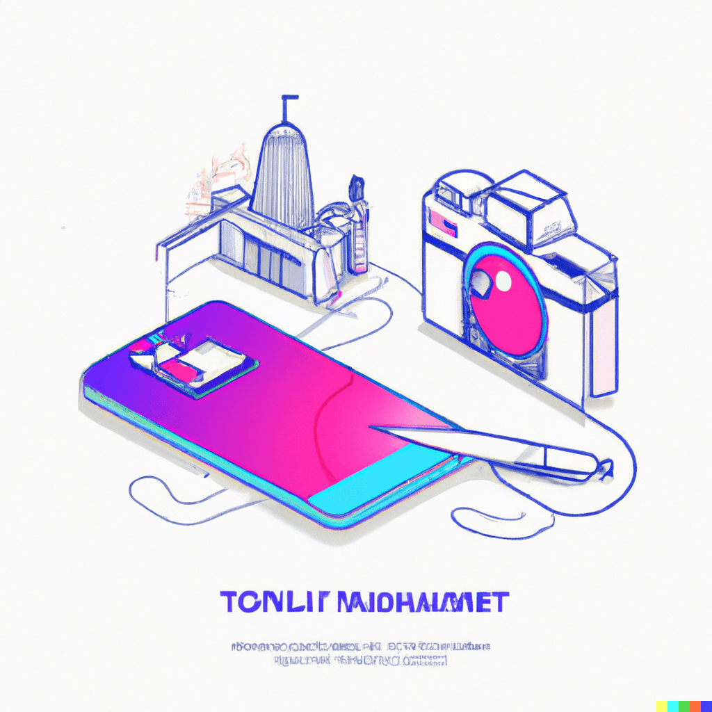 Abstract illustration showing a camera, a phone, and a hotel building, symbolizing AI's impact on Jamaica's tourism industry.