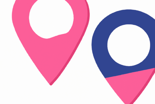 Abstract illustration of two location pins representing geofencing technology for hotels and attractions.